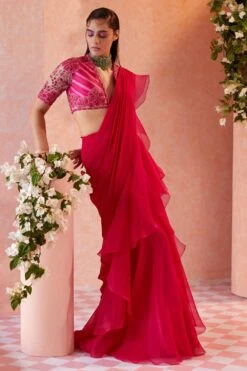 Ridhi Mehra Fuschia Embroidered Ruffle Sari