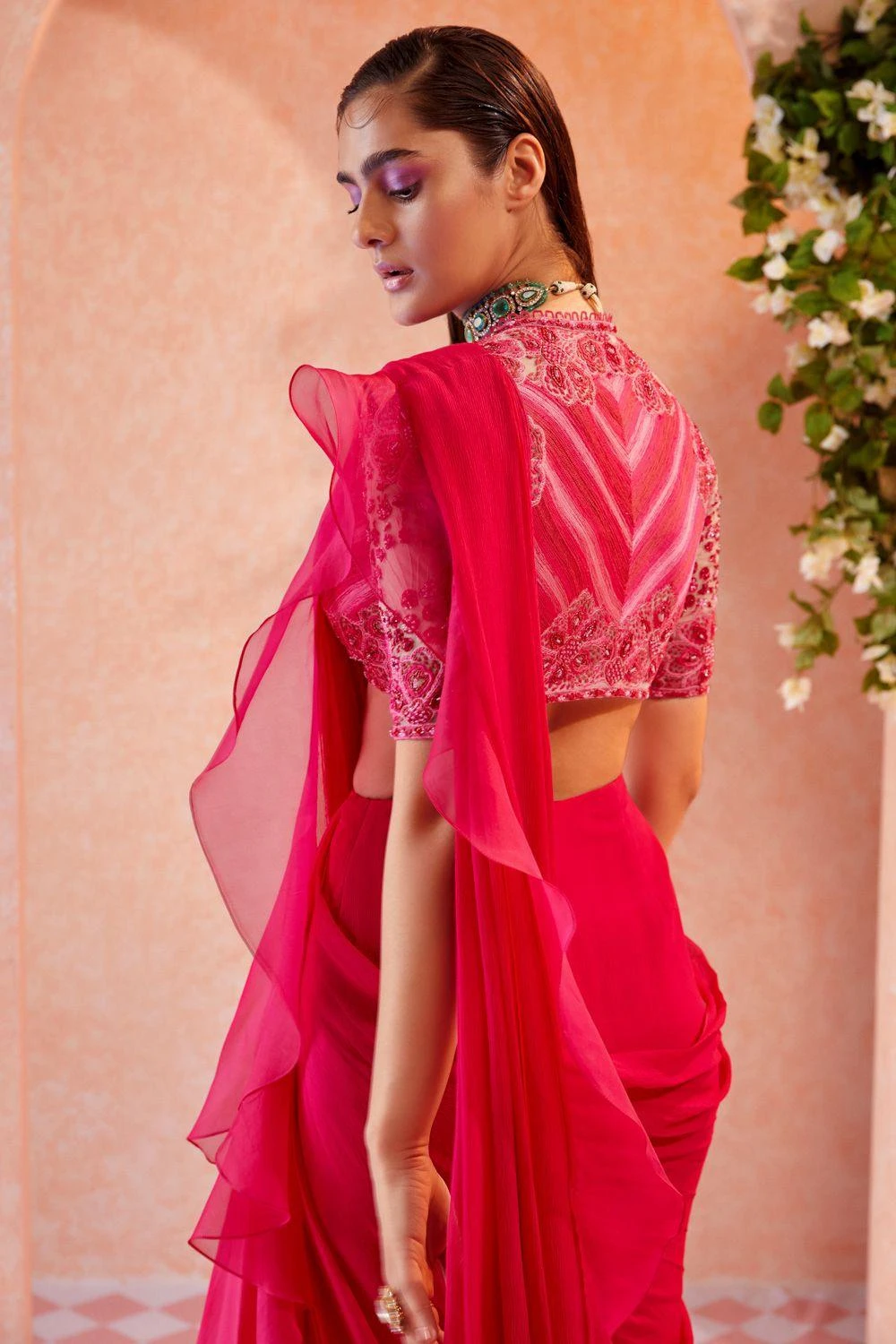 Ridhi Mehra Fuschia Embroidered Ruffle Sari 3 Ridhi Mehra Fuschia Embroidered Ruffle Sari - Image 3