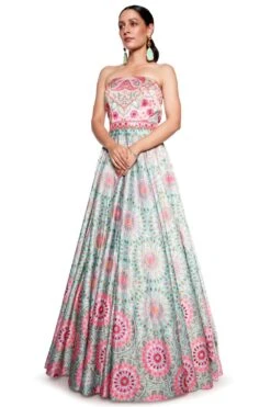 Siddhartha Bansal Pink & Green Floral Embroidered Gown