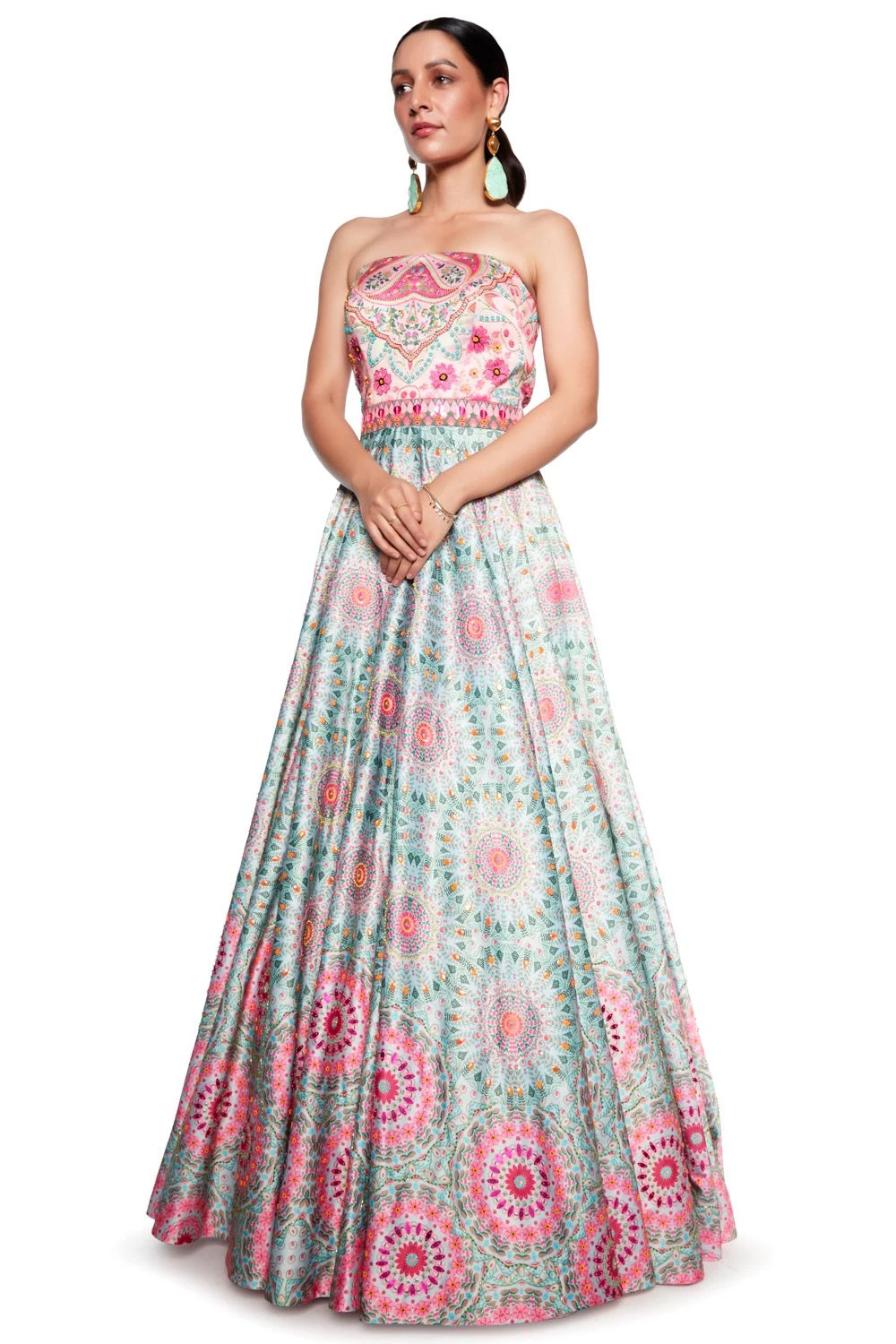 Siddhartha Bansal Pink & Green Floral Embroidered Gown 1 Siddhartha Bansal Pink & Green Floral Embroidered Gown