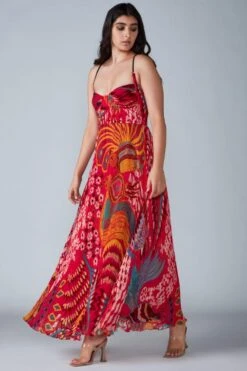 Saaksha & Kinni Pink Abstract Printed Micro Pleated Chiffon Dress