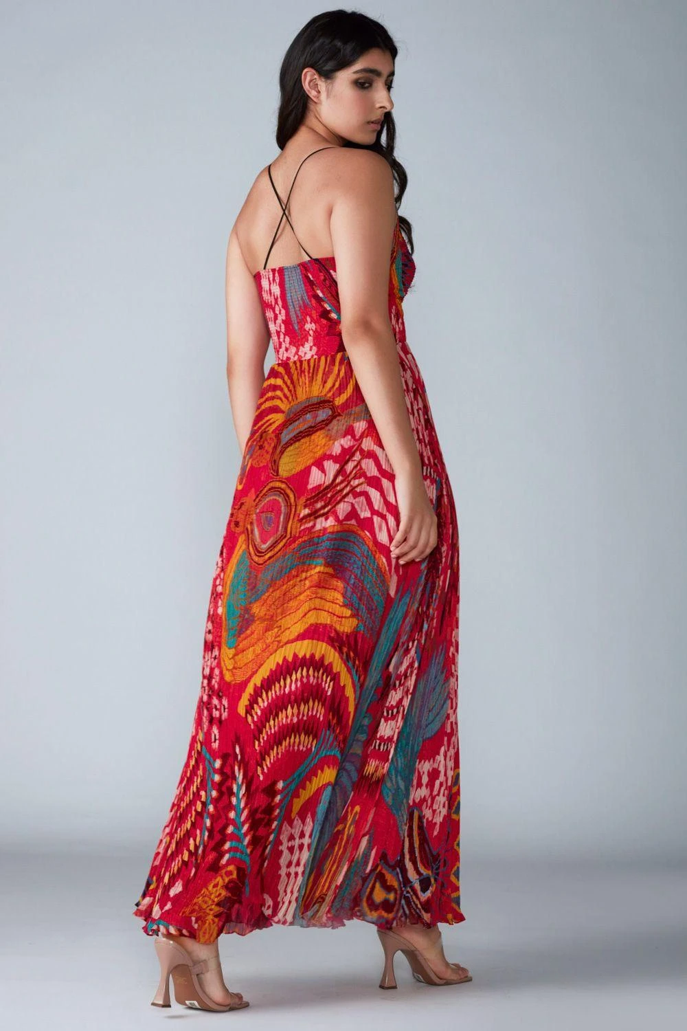 Saaksha & Kinni Pink Abstract Printed Micro Pleated Chiffon Dress 2 Saaksha & Kinni Pink Abstract Printed Micro Pleated Chiffon Dress - Image 2