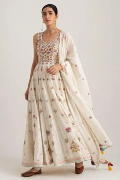 White Long Floral Anarkali