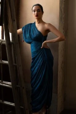 Saaksha & Kinni Aqua Pleated Sari Dress