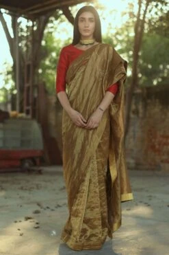 Shorshe Handloom Tissue Sari With Floral Embroidery
