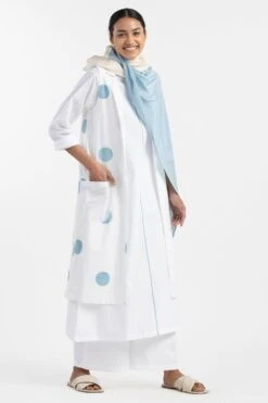 Three White Polka Dotted Tunic Set With Scarf