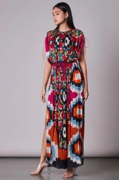 Saaksha & Kinni Ikat Printed Micro Pleated Kaftan Dress