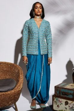 SVA Blue Silk Drape Sari With Embellished Jacket