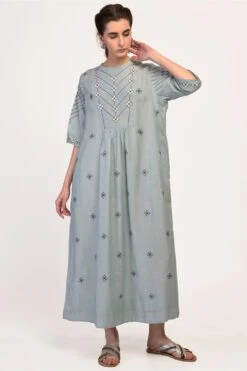 Ikai Sky Blue Yoke Gathered Dress