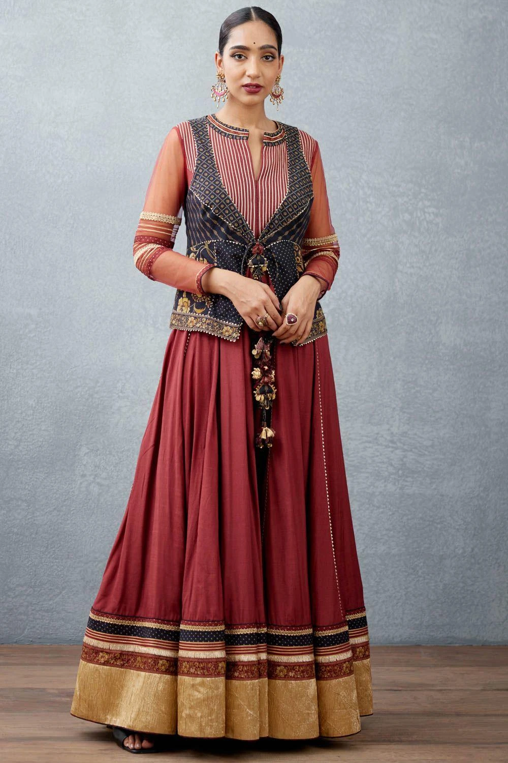Torani Burgundy Bhagalpuri Printed Anarkali With A Jacket 1 Torani Burgundy Bhagalpuri Printed Anarkali With A Jacket