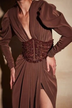 Nikita Mhaisalkar Dark Tan Slit Maxi Dress With Beaded Corset 8 Nikita Mhaisalkar Dark Tan Slit Maxi Dress With Beaded Corset -Echo Clothing Store tt sf22 046 4