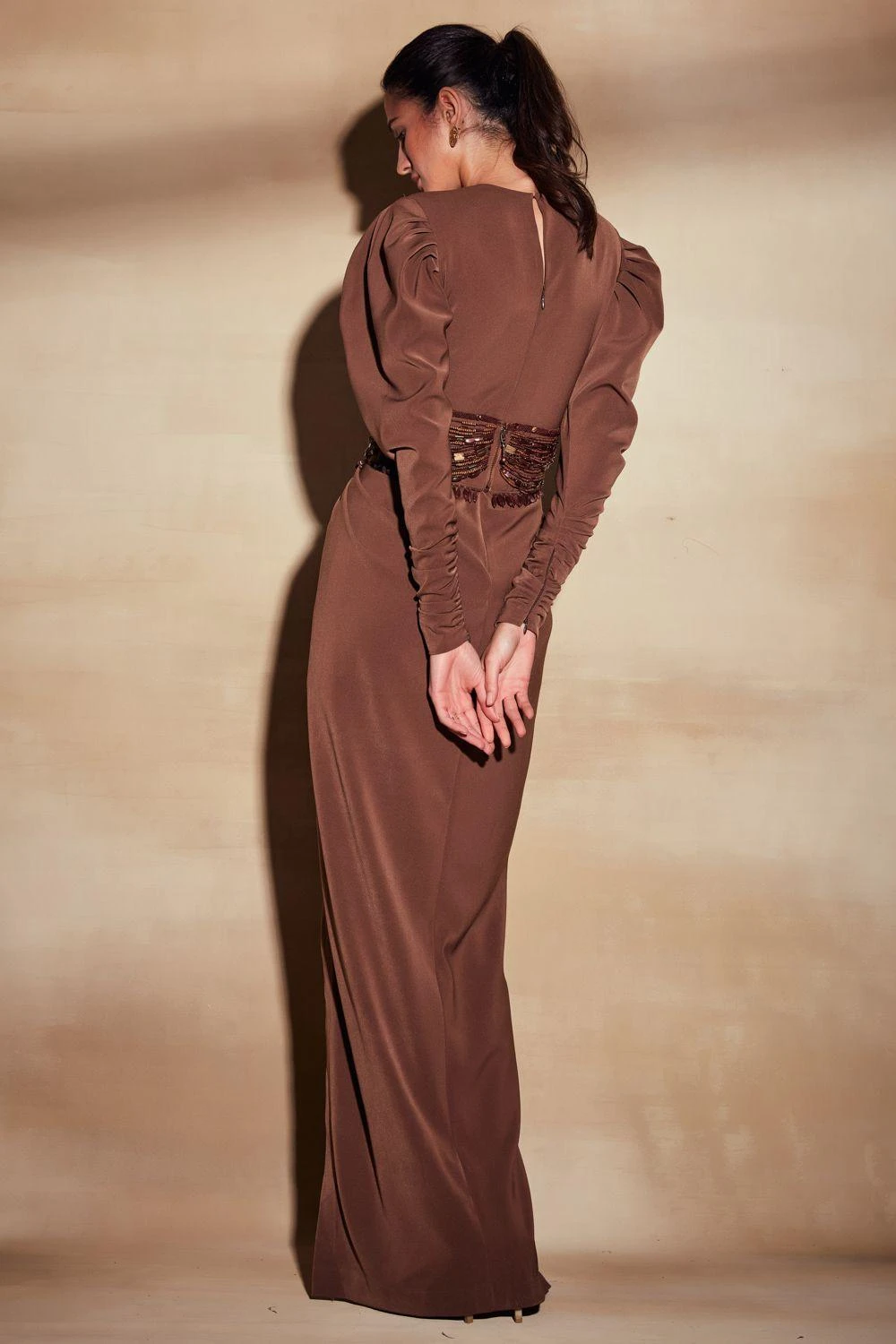 Nikita Mhaisalkar Dark Tan Slit Maxi Dress With Beaded Corset 5 Nikita Mhaisalkar Dark Tan Slit Maxi Dress With Beaded Corset - Image 5