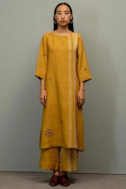 Divyam Mehta Yellow Matka Silk Kurta Set With Kantha Details
