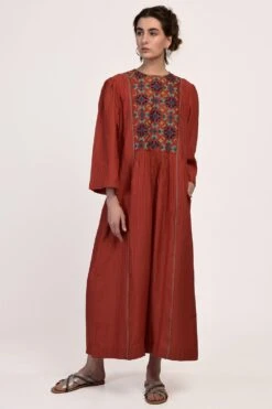 Ikai Rust Yoke Gathered Applique Dress